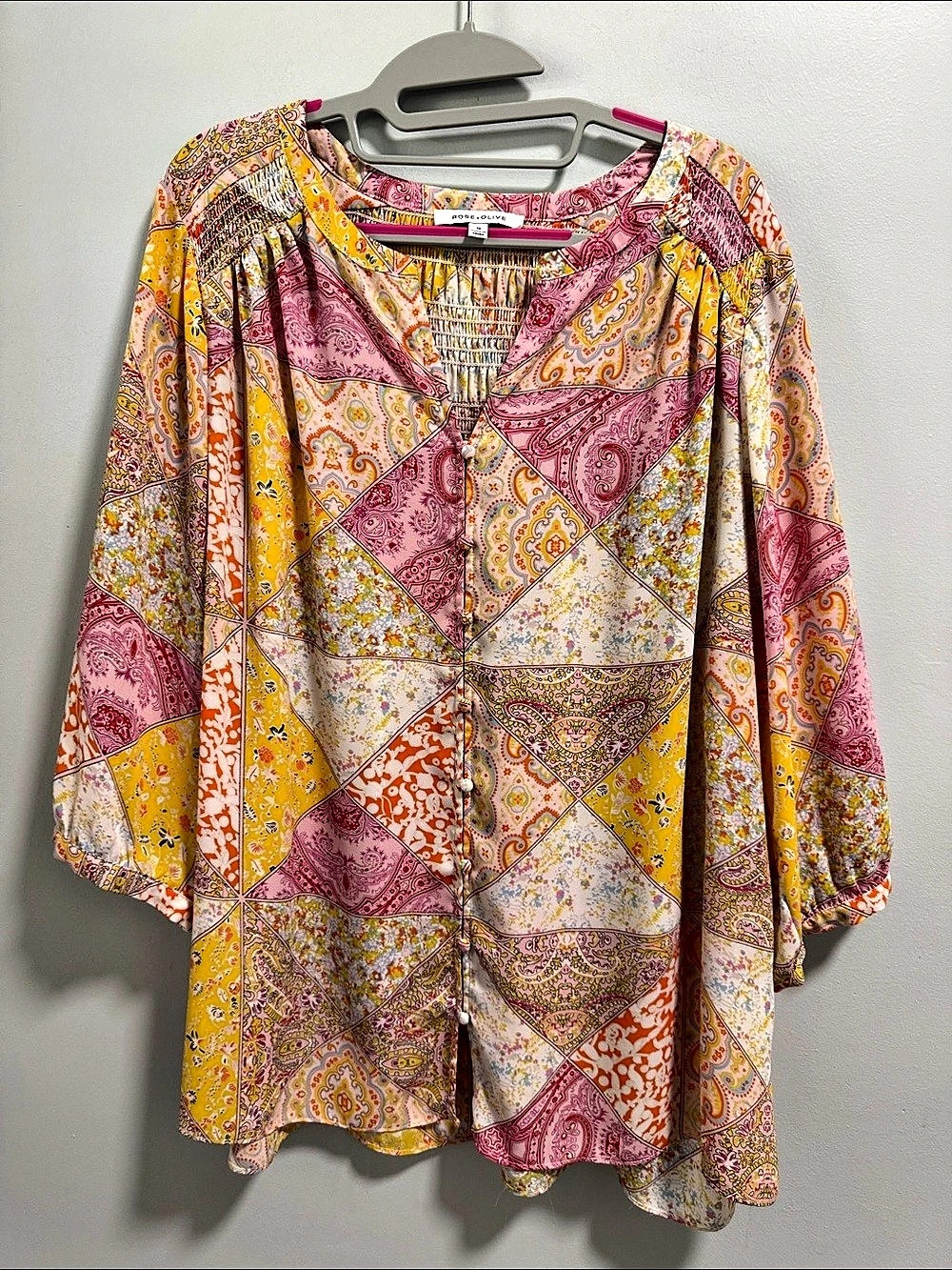 Rose + Olive Paisley Patchwork Blouse in Pink & Yellow Size 1X